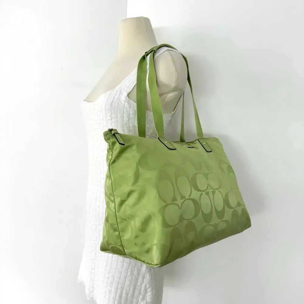Coach Signature Nylon Packable Tote Bag Removable Pouch Lime Green Overnight - Picture 2 of 15